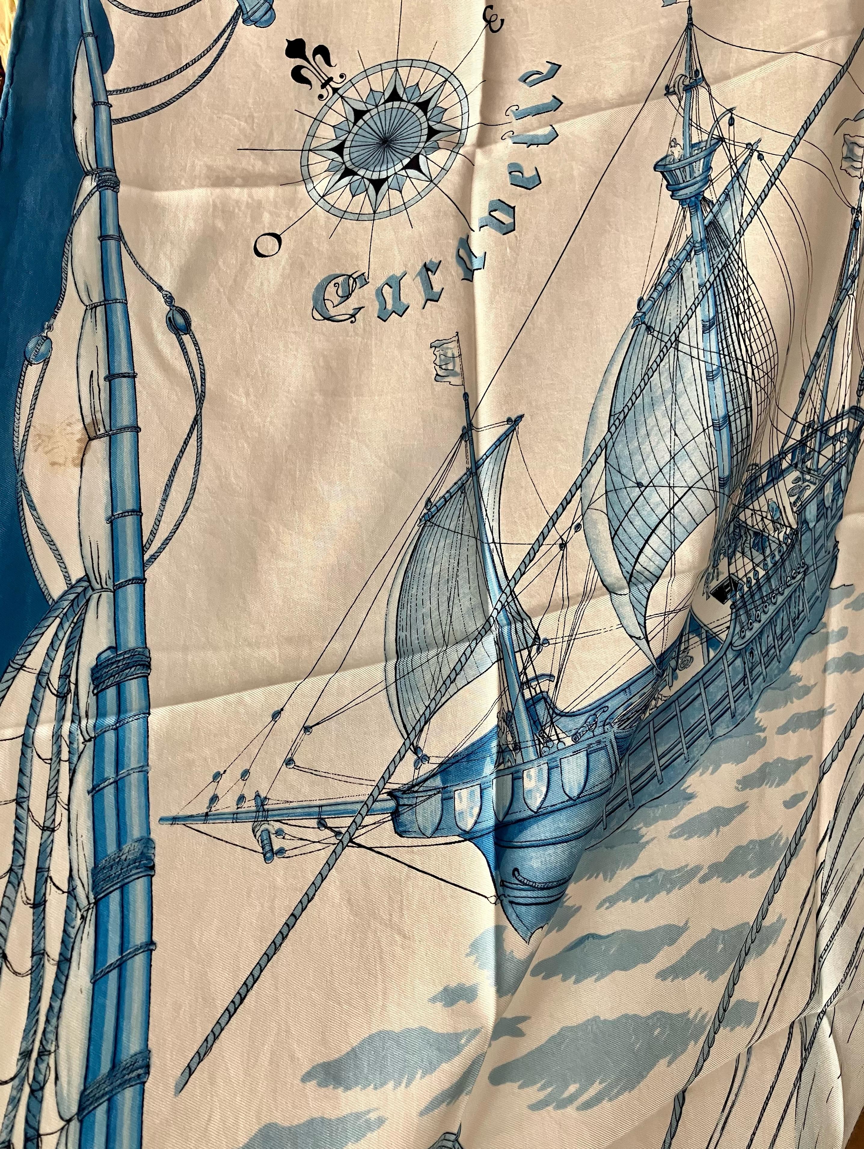 Pañuelo de seda azul Hermes Caravelle by Ledoux 4