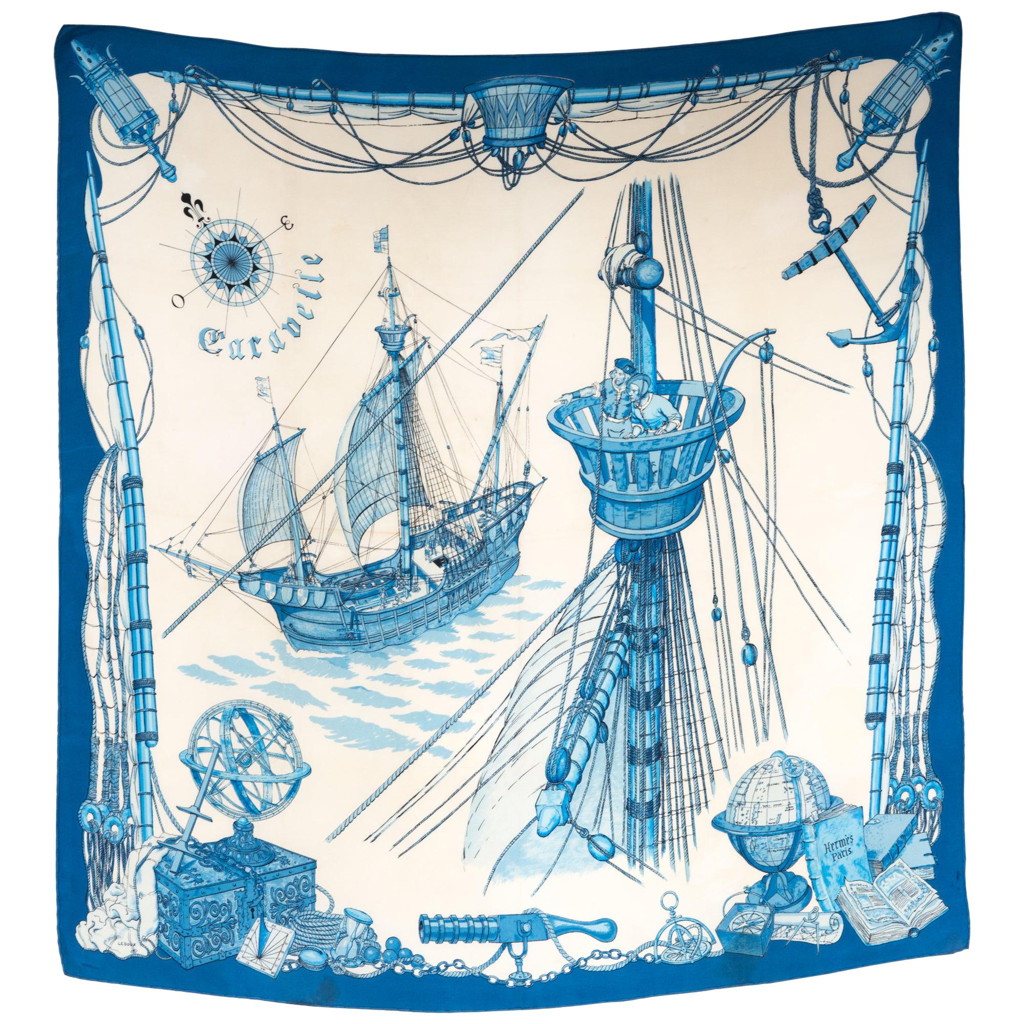 Hermes Blue Caravelle by Ledoux Silk Scarf For Sale