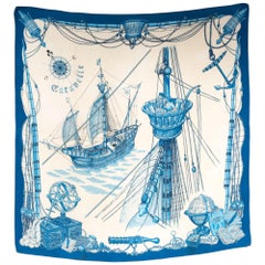Pañuelo de seda azul Hermes Caravelle by Ledoux