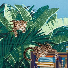 HERMES blue cashmere LES DOUZE LEOPARDS 140 Shawl Scarf Bleu Moyen Vert Brun