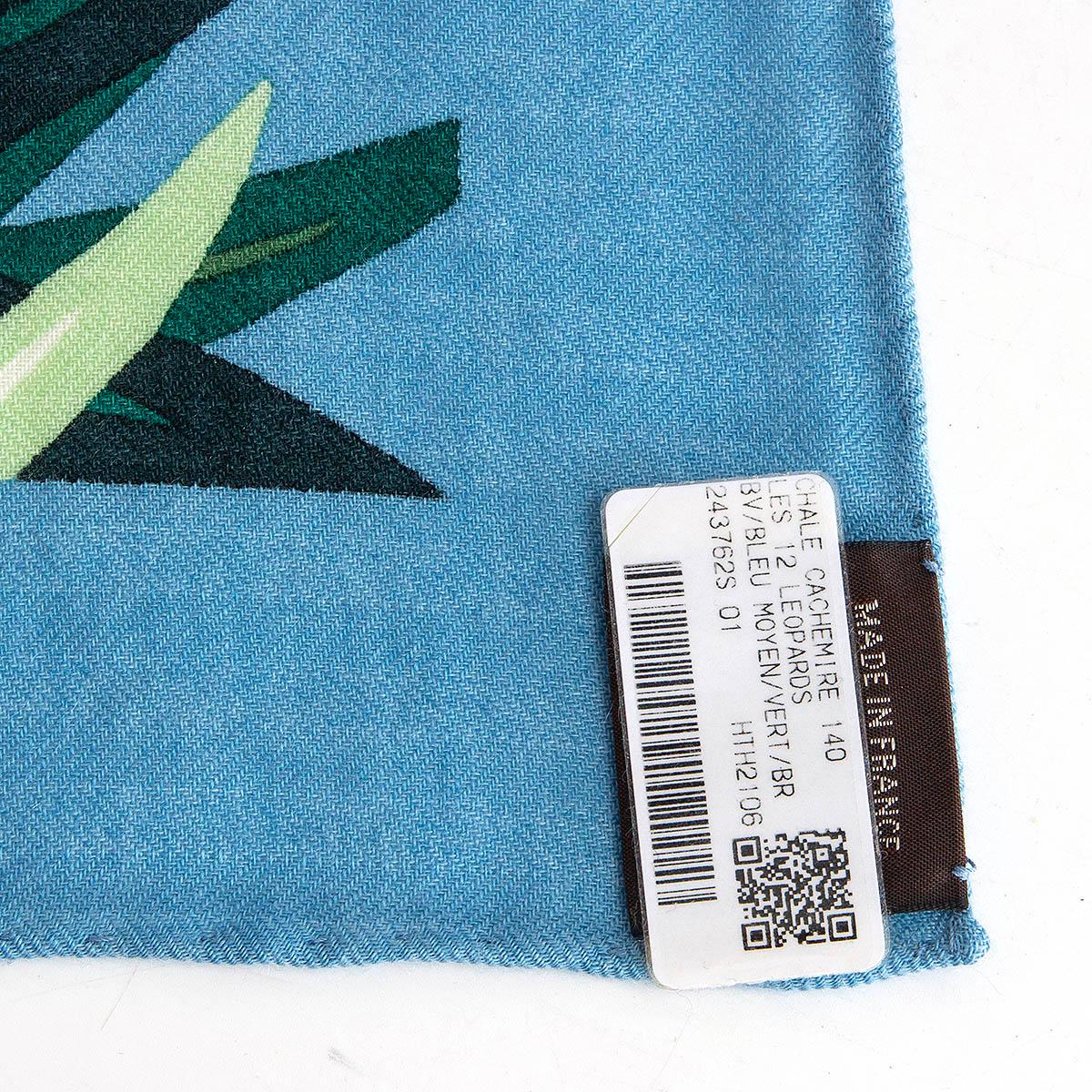 Women's or Men's HERMES blue cashmere LES DOUZE LEOPARDS 140 Shawl Scarf Bleu Moyen Vert Brun