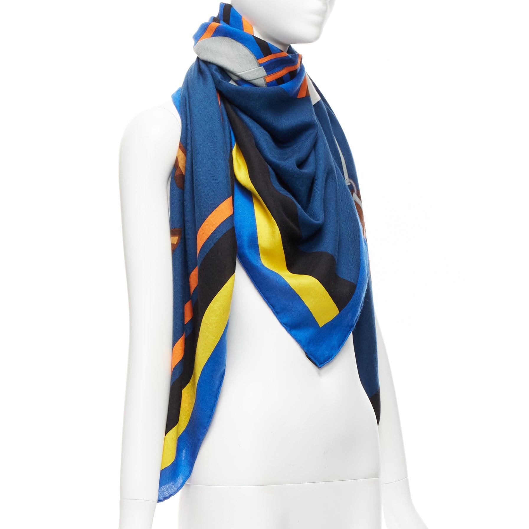 HERMES blue cashmere silk colorblock equestrian horse 135cm square scarf In Excellent Condition For Sale In Hong Kong, NT