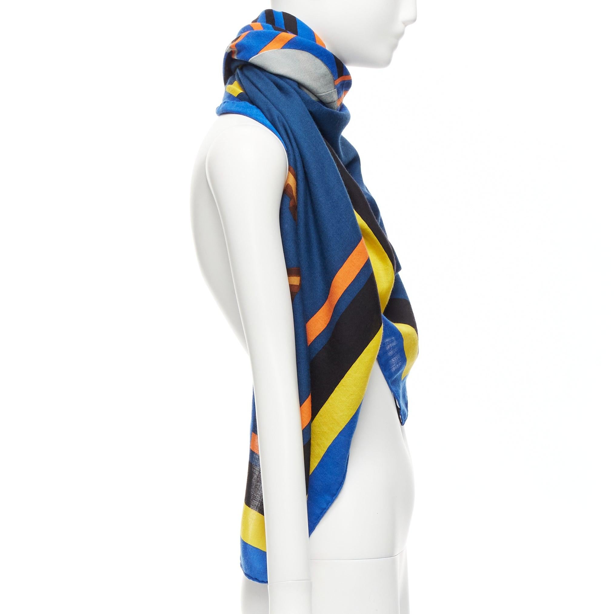 Women's HERMES blue cashmere silk colorblock equestrian horse 135cm square scarf For Sale