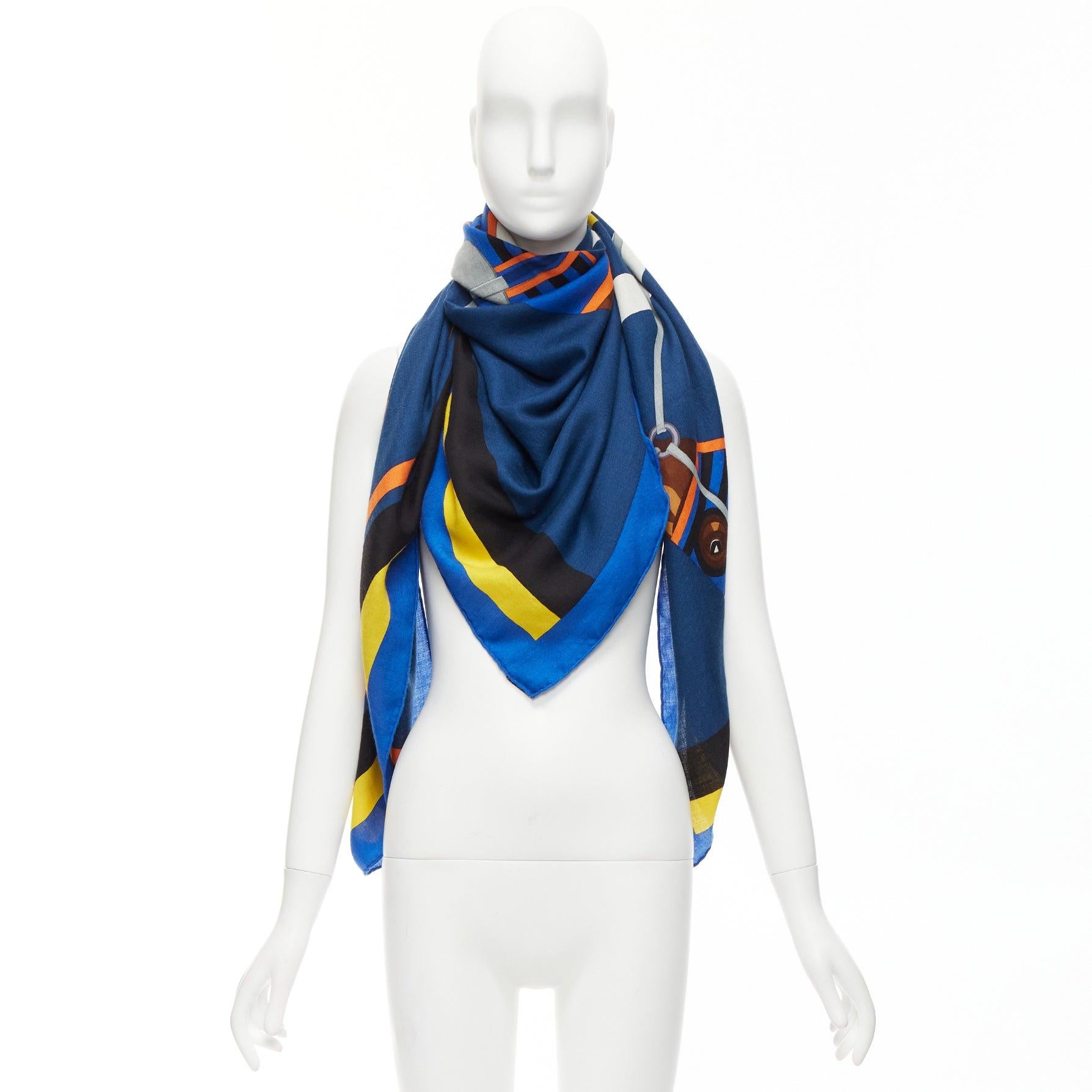 HERMES blue cashmere silk colorblock equestrian horse 135cm square scarf For Sale 5