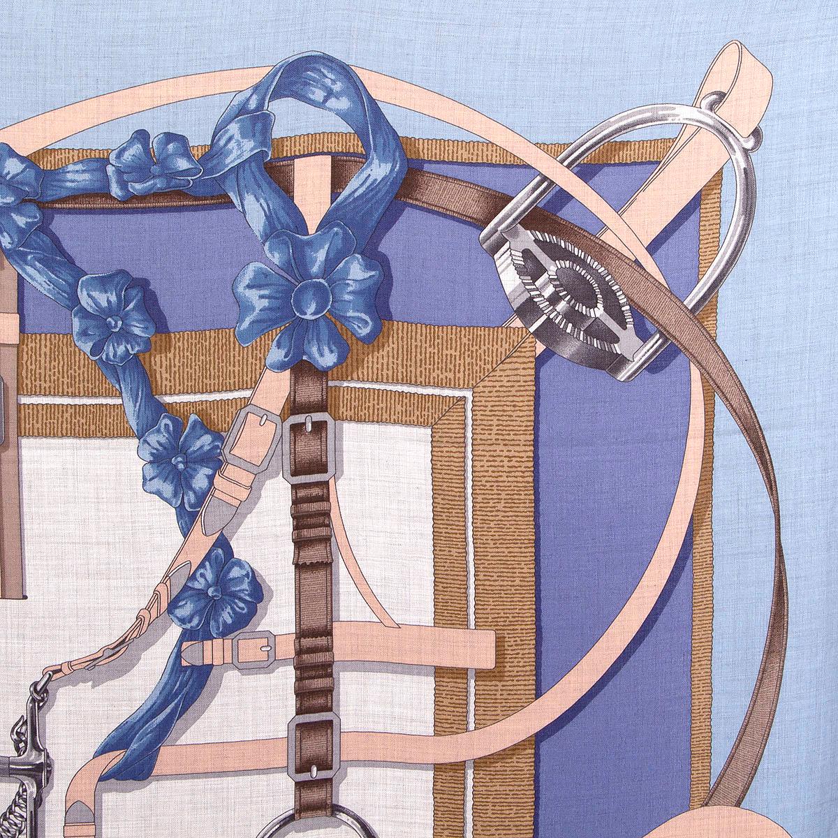 Gray HERMES blue cashmere silk GRAND MANEGE A JOUETS 140 Scarf For Sale