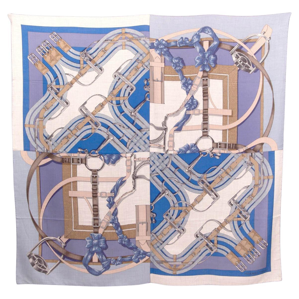 HERMES blue cashmere silk GRAND MANEGE A JOUETS 140 Scarf For Sale