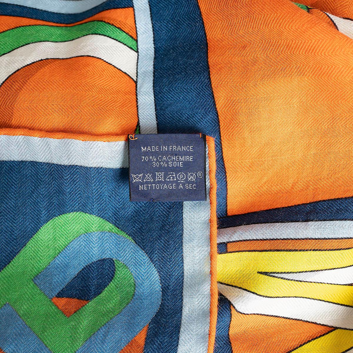 Women's or Men's HERMES blue cashmere silk IMPOOSSIIIBLE 100 Scarf Orange Ciel Vert For Sale