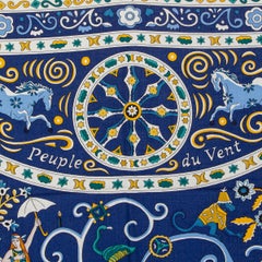 HERMES blue cashmere silk PEUPLE DU VENT 140 Scarf Bleu Nuit Ocre Vert