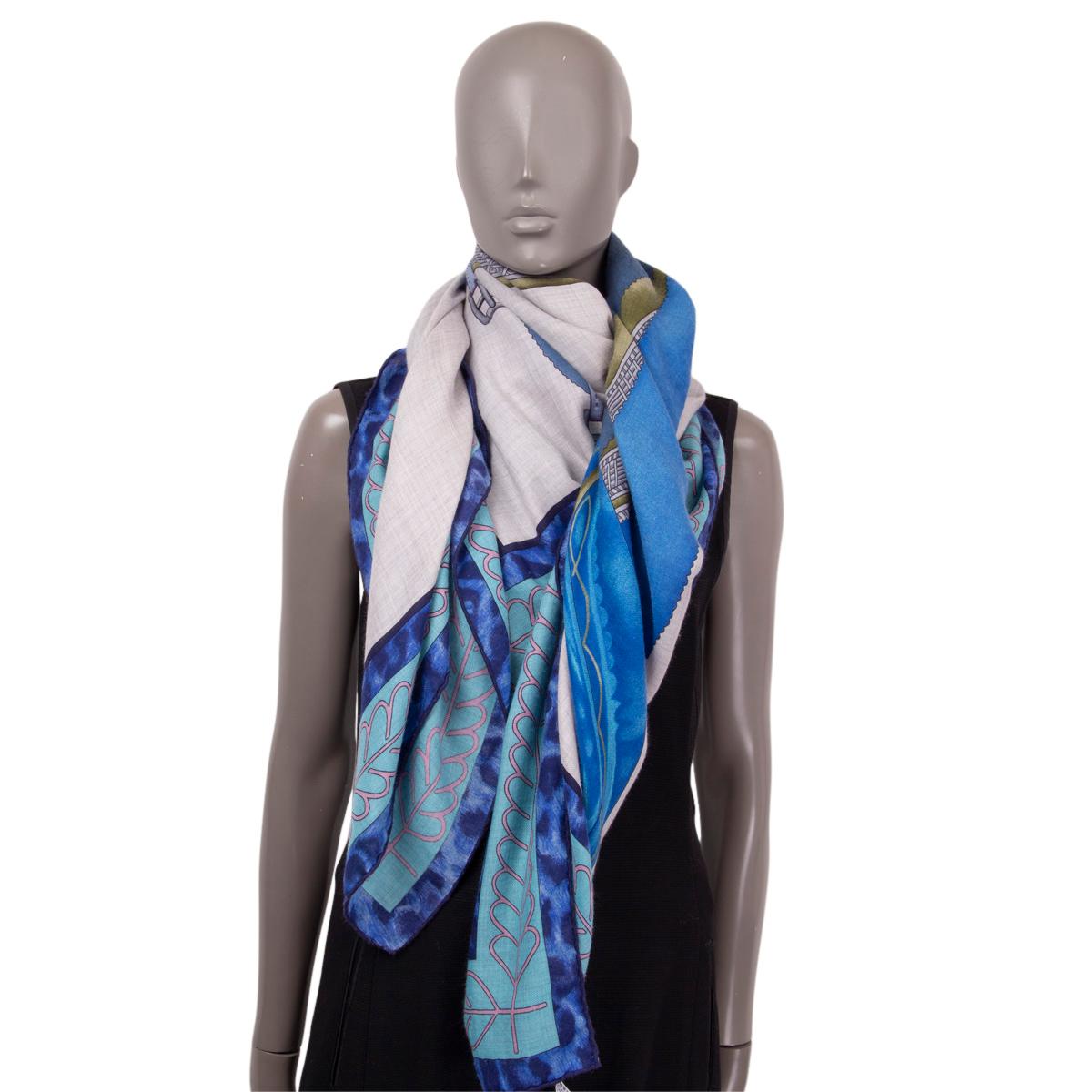 HERMES blue cashmere silk SELLE D'OFFICIER EN GRANDE TENUE 140 Scarf Gris Chine 3