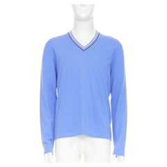 HERMES blue cashmere wool silk striped v neck long sleeves sweater M