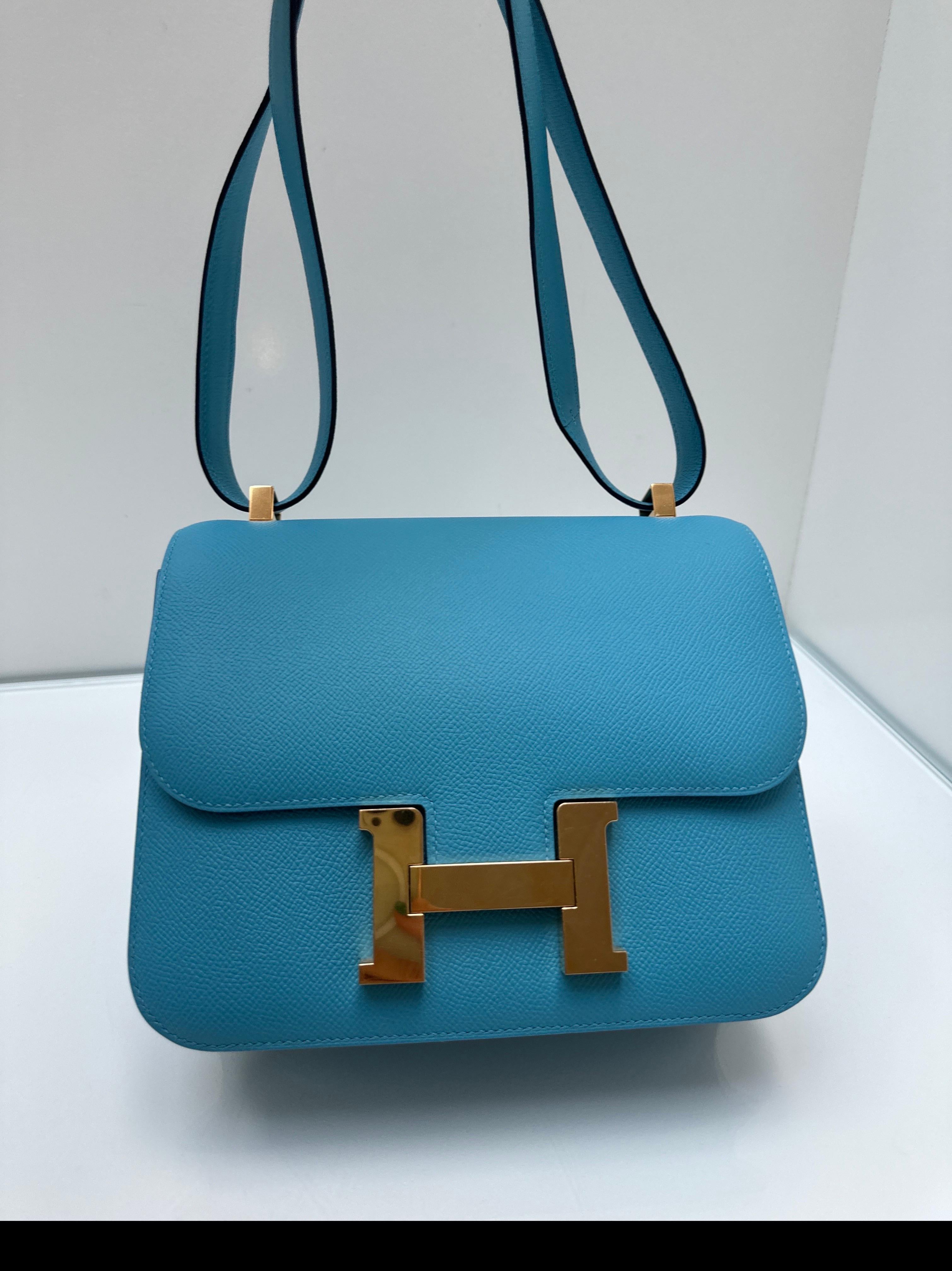 Hermes Celeste Constance Bag. Newer Constance 24 Bag. Stunning blue color. Gold hardware. Interior clean. Epsom leather. Great condition. Includes dust bag and box. Guaranteed authentic. 