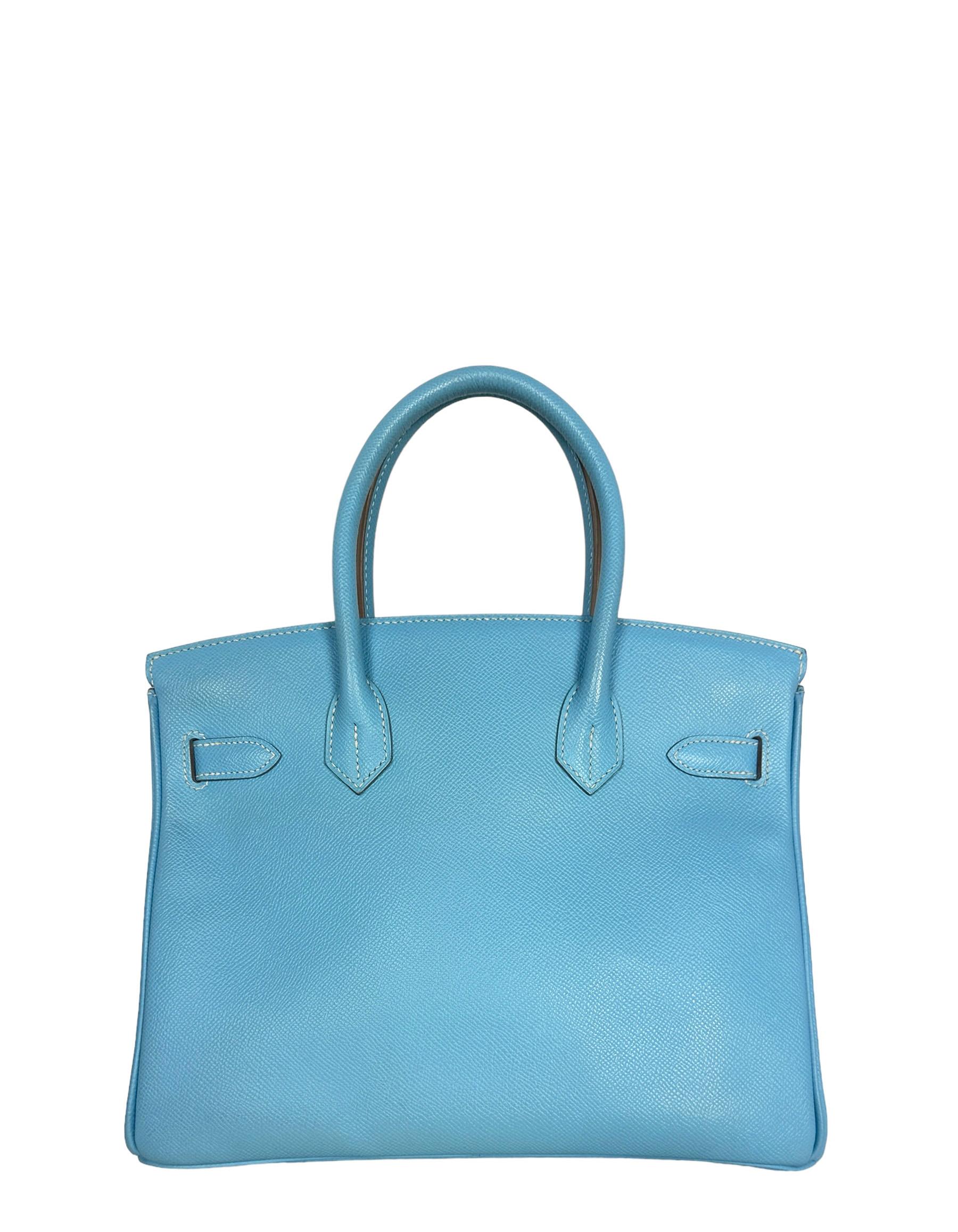 Hermes Bleu Celeste/ Mykonos Epsom Leather Candy Birkin Bag 30cm PHW Excellent état à New York, NY