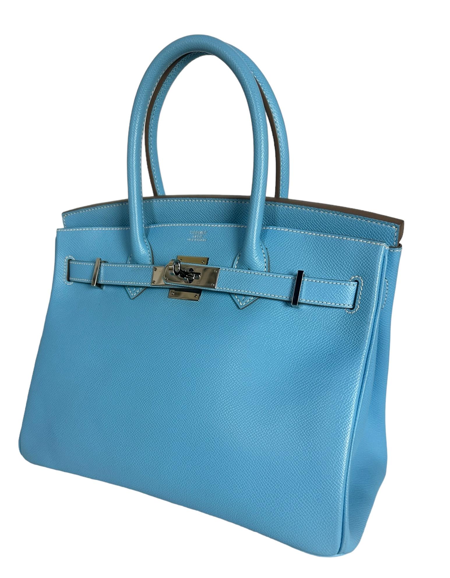 Hermes Bleu Celeste/ Mykonos Epsom Leather Candy Birkin Bag 30cm PHW Pour femmes 
