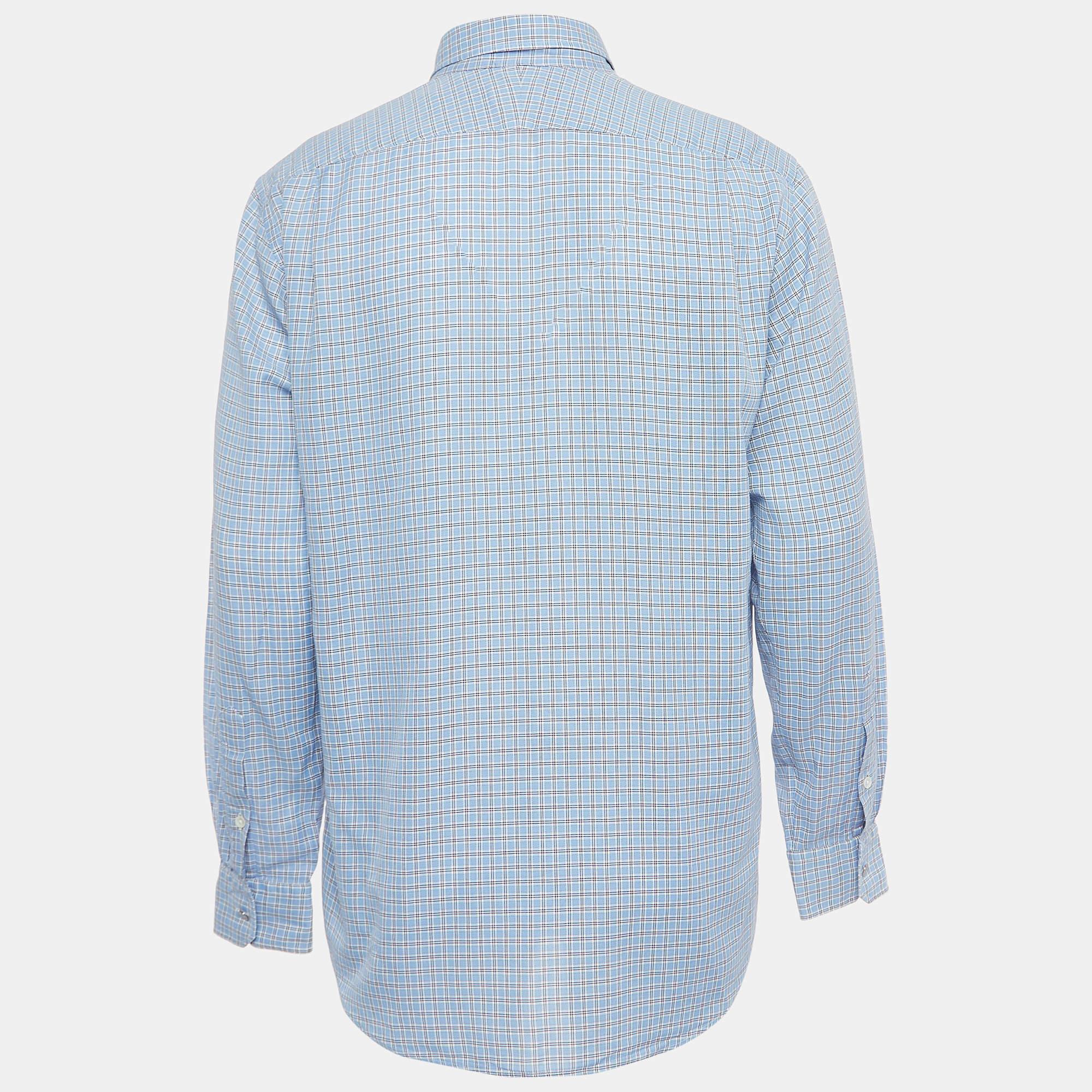 Hermes Blue Checked Cotton Button Down Full Sleeve Shirt L In Excellent Condition In Dubai, Al Qouz 2
