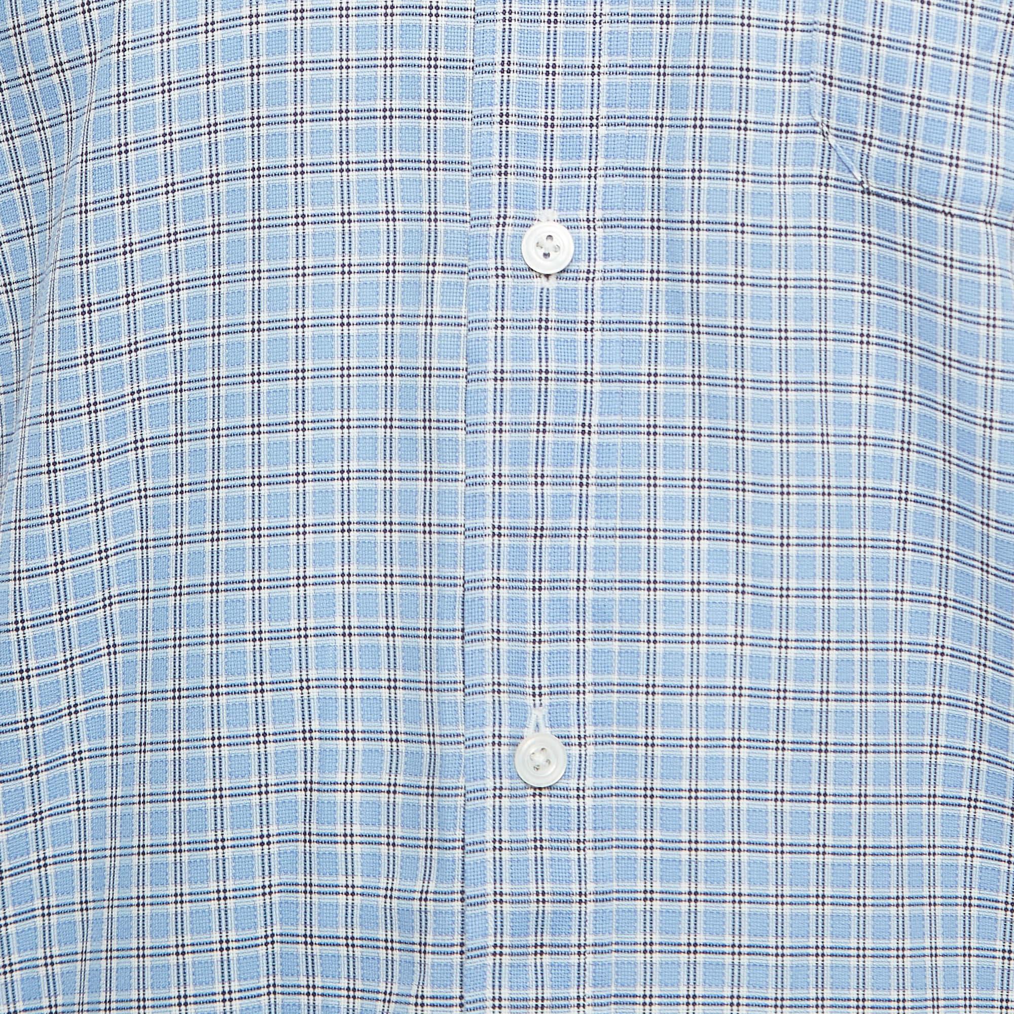 Men's Hermes Blue Checked Cotton Button Down Full Sleeve Shirt L