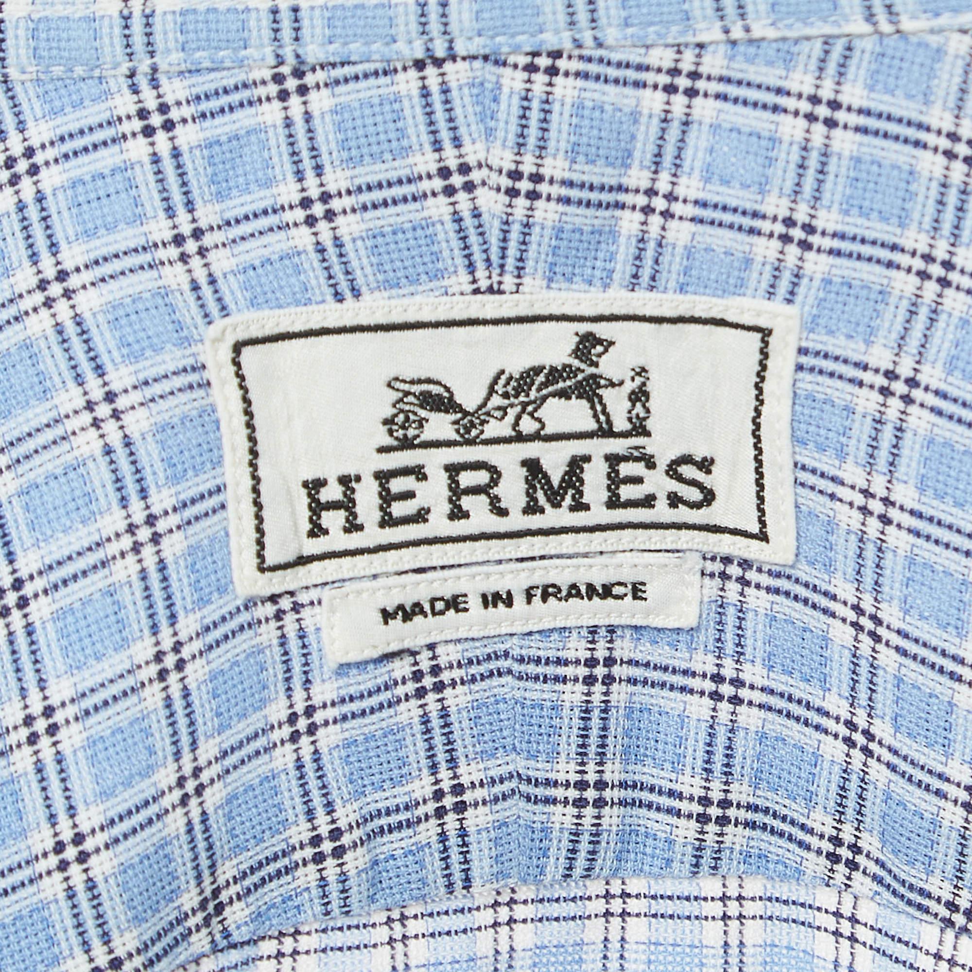 Hermes Blue Checked Cotton Button Down Full Sleeve Shirt L 1