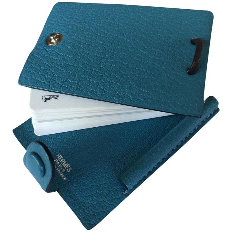 Blaue Chevre-Mini-Notizkarten von Hermès mit  925 Silber-Bleistift 1012h27