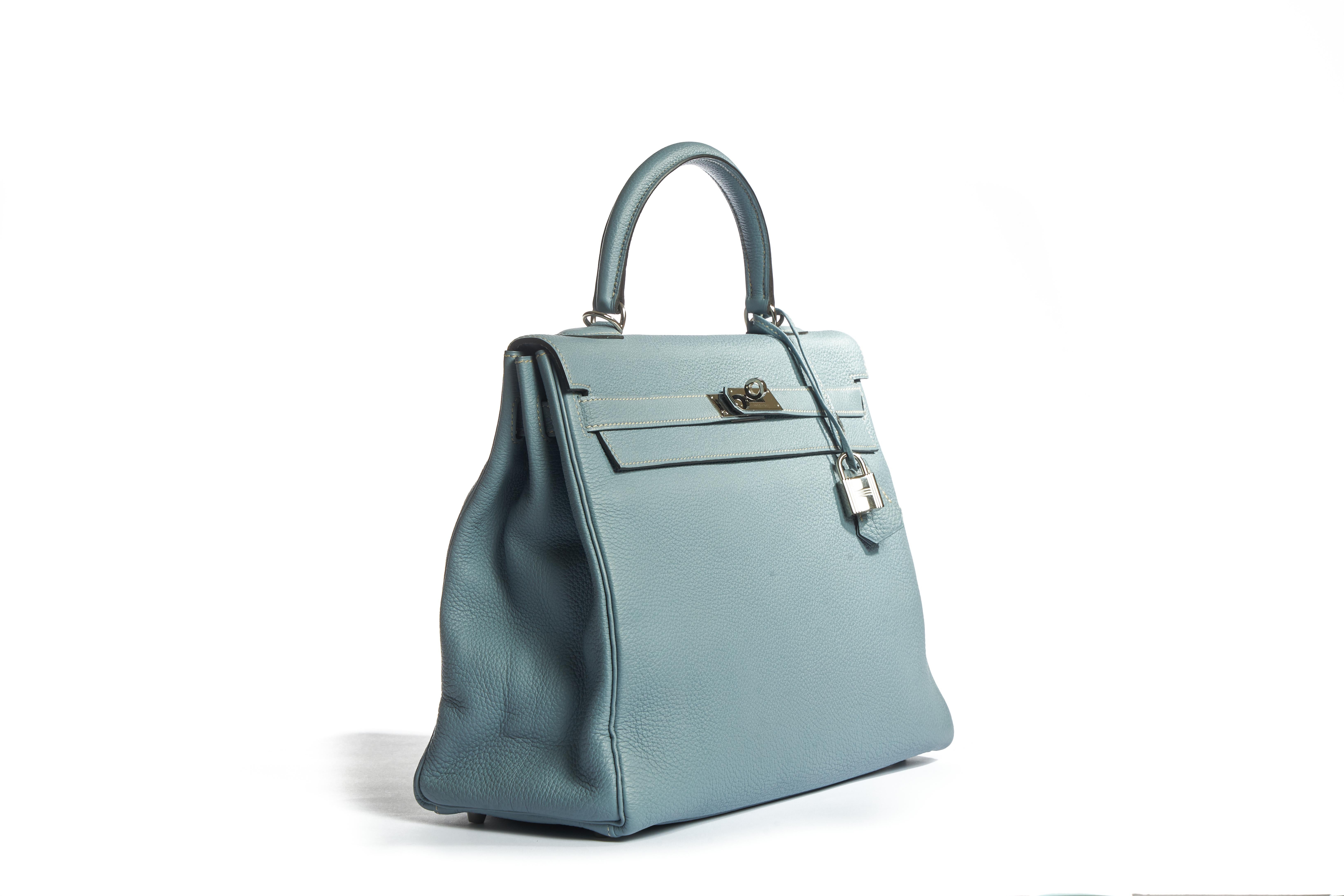 Hermes kelly 35cm blue ciel togo leather and palladium hardware in excellent condition. Handle drop 3.5