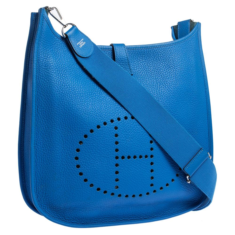 Women's Hermes Blue Clemence Leather Evelyne III GM Bag