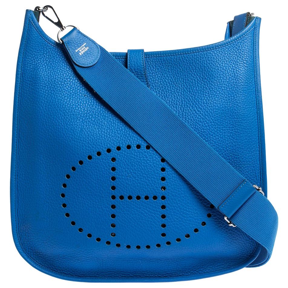 Hermes Blue Clemence Leather Evelyne III GM Bag