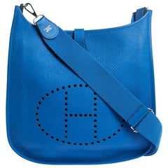 Used Hermes Blue Clemence Leather Evelyne III GM Bag