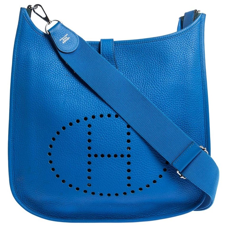Hermes Blue Clemence Leather Evelyne III GM Bag at 1stDibs