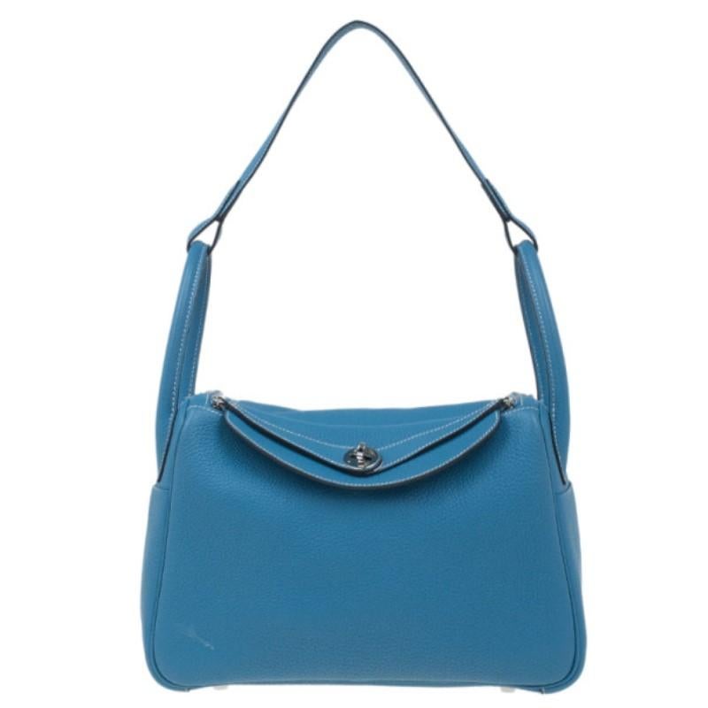 Hermes Blue Clemence Leather Lindy Bag 30