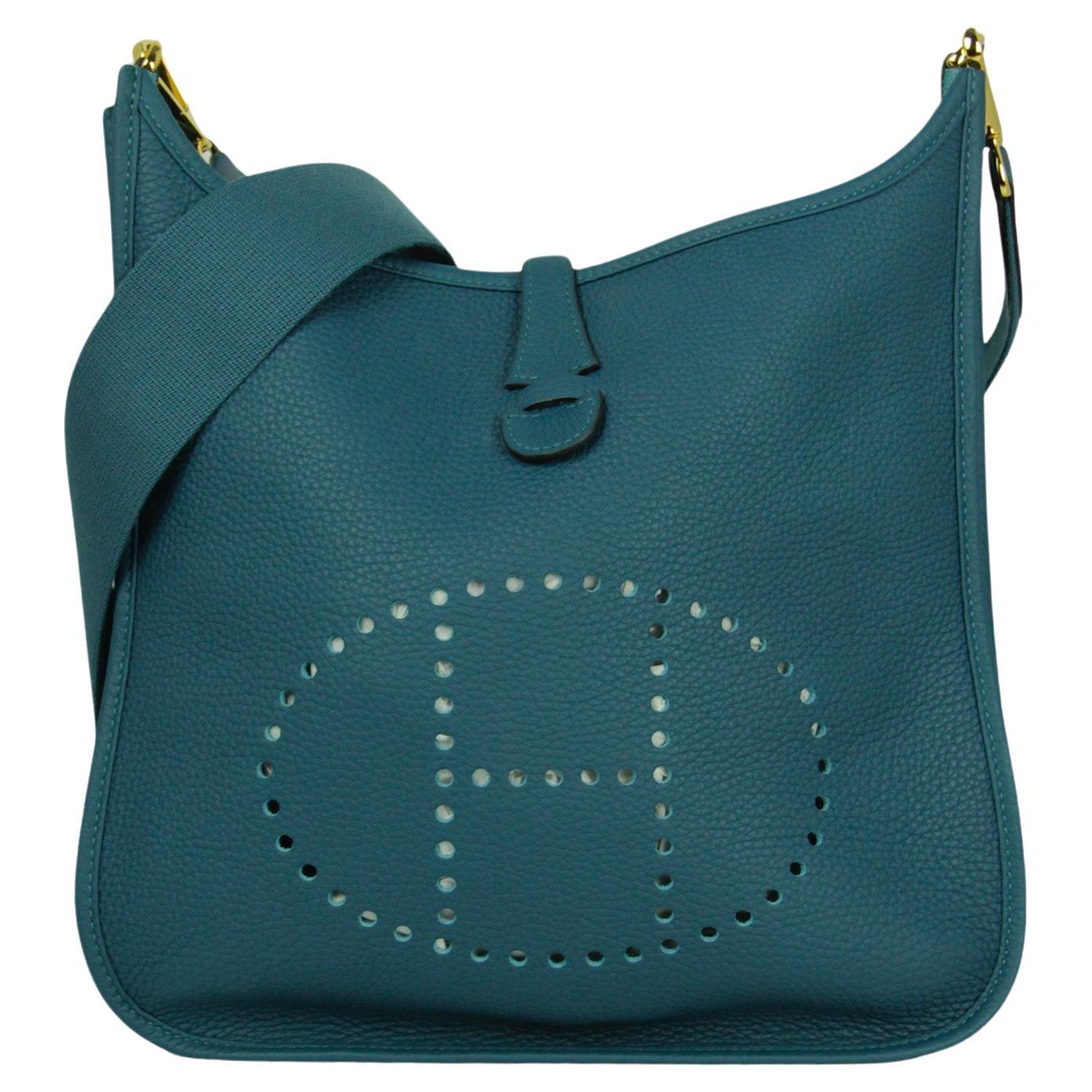 Hermes Blue Colvert Clemence Evelyne III 29 PM Messenger Bag W/ GHW For Sale