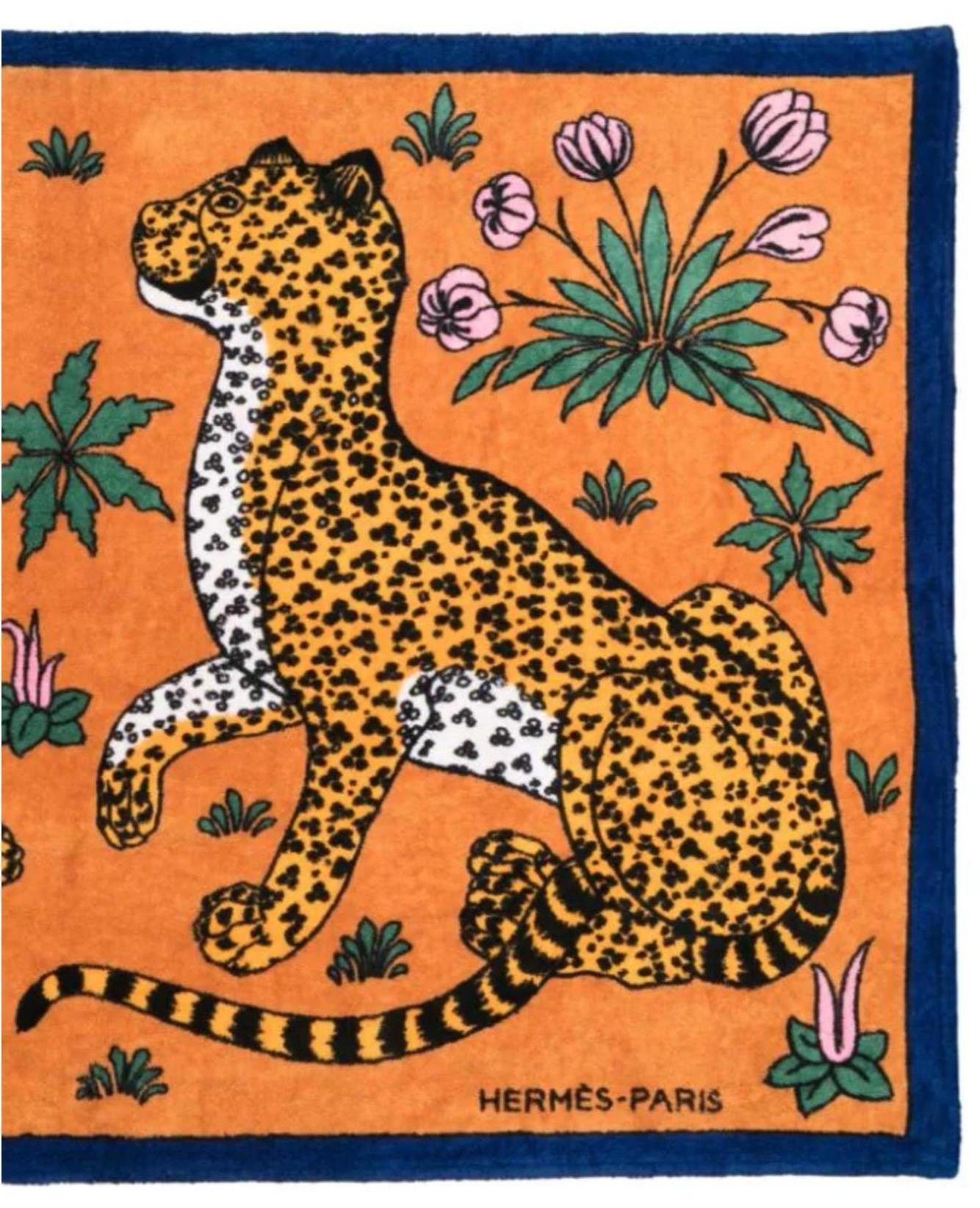 Hermes Blue cotton Beach towel Leopards by C. Vauzelles  In Good Condition In Paris, FR