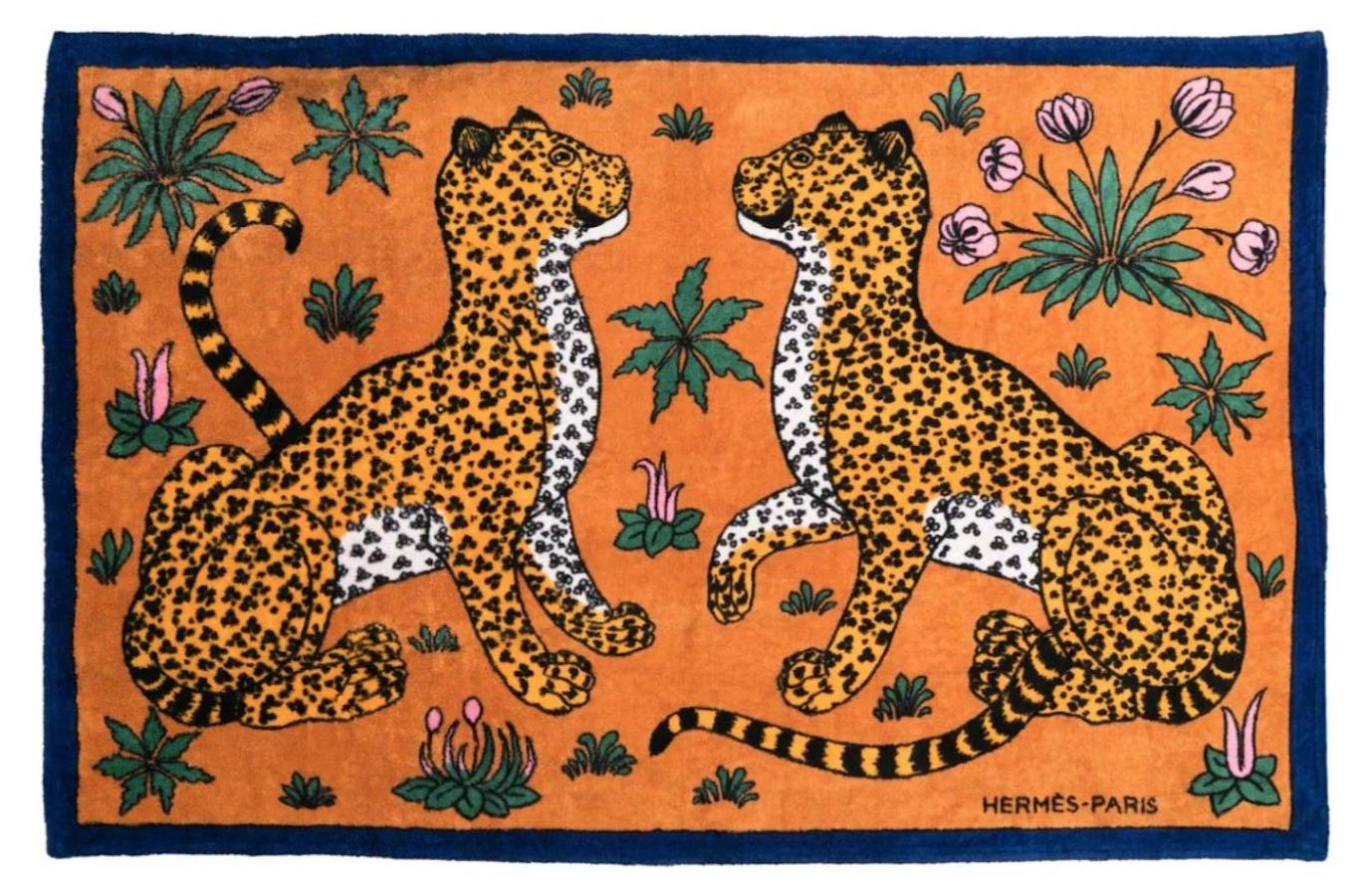 Hermes Blue cotton Beach towel Leopards by C. Vauzelles 2