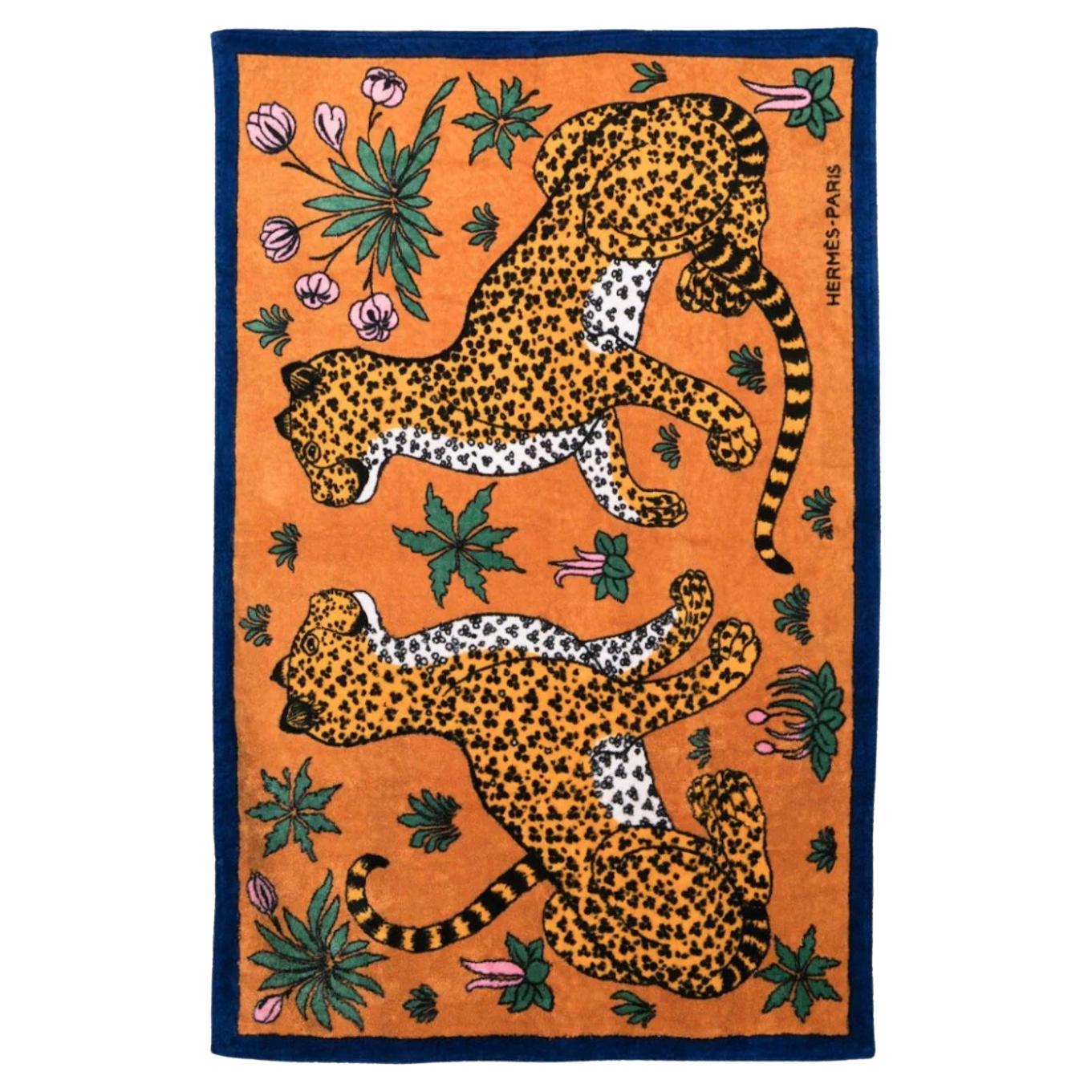 Hermes Blue cotton Beach towel Leopards by C. Vauzelles 
