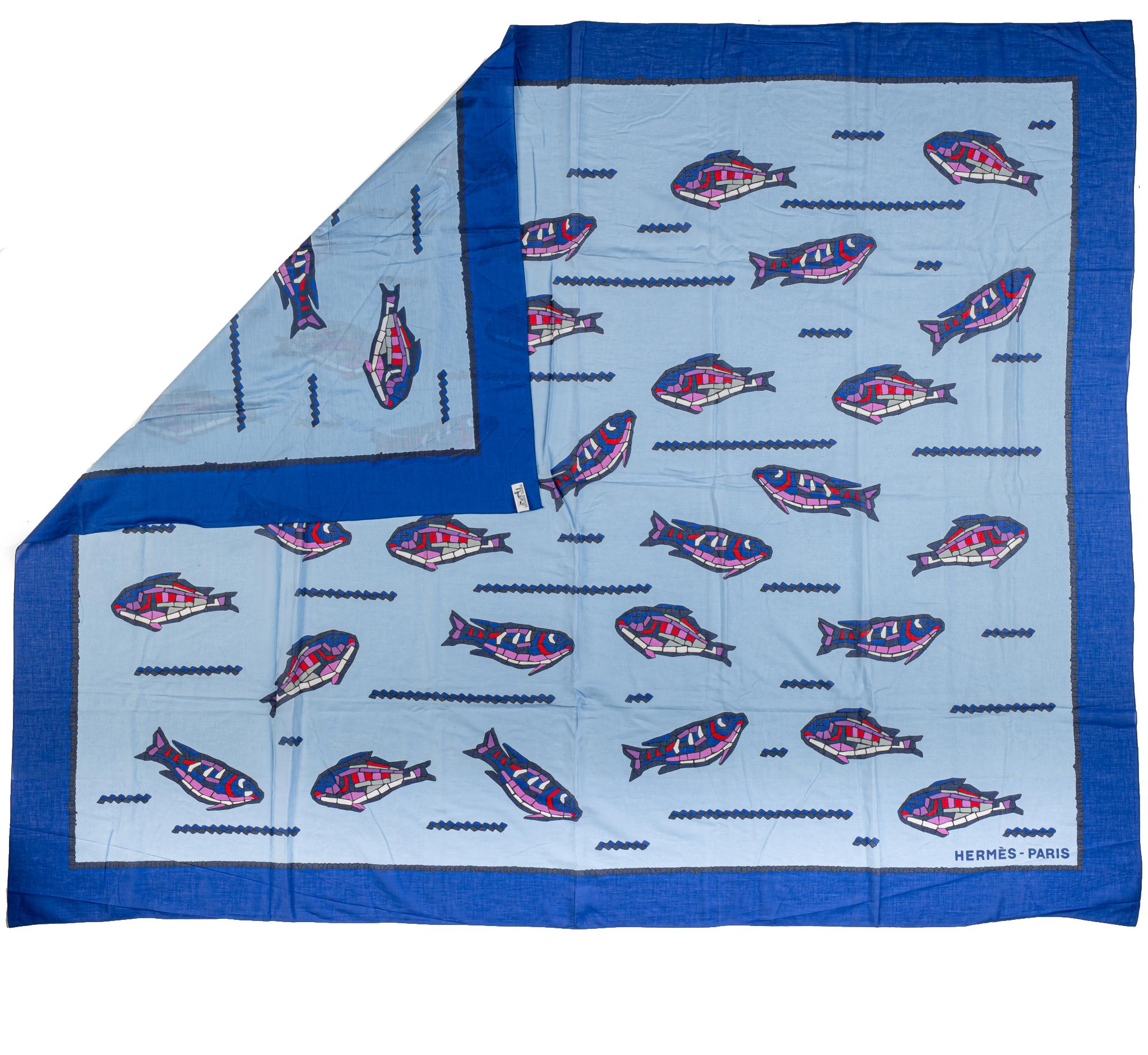 Hermès 100% cotton blue fish design beach sarong. No box, with composition and care instructions label.