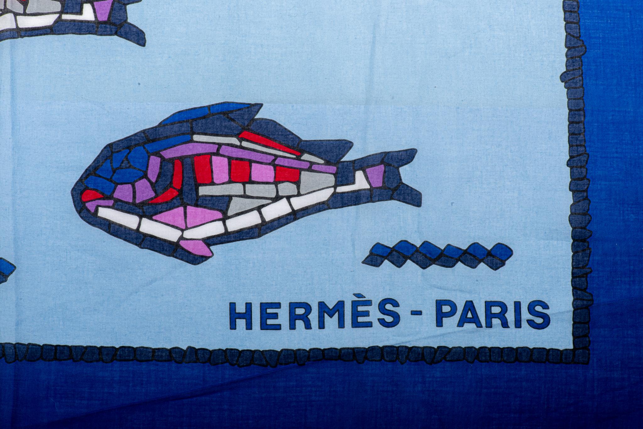Hermès Blue Cotton Fish Sarong In Excellent Condition In West Hollywood, CA