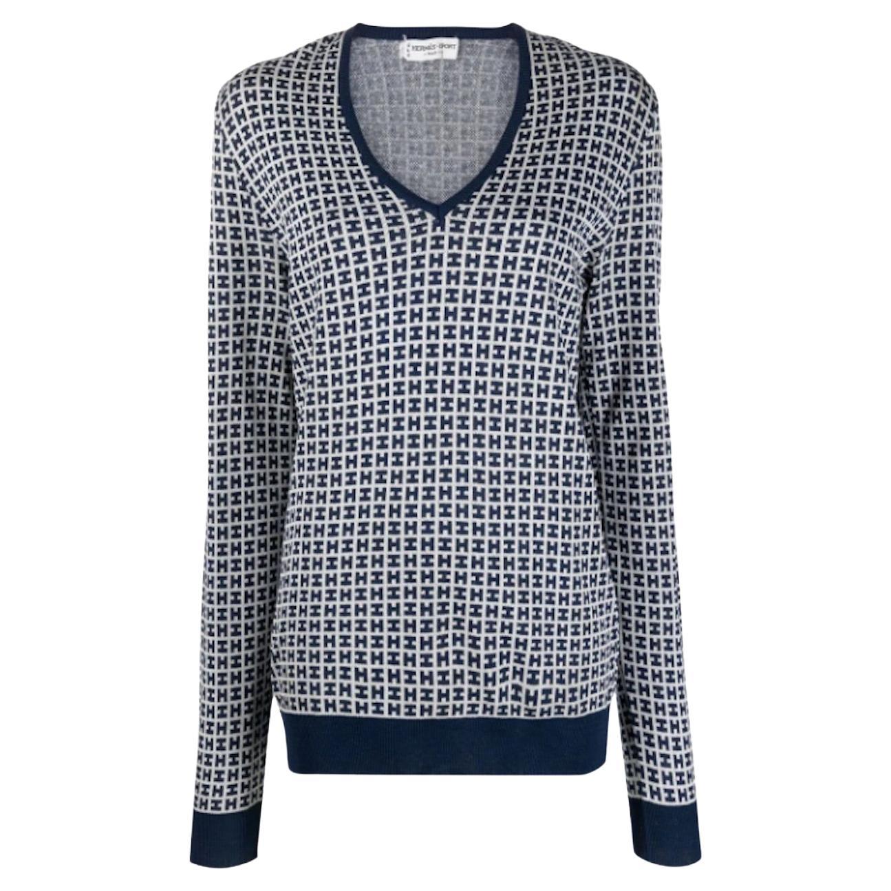 Hermes Blue Cotton Logo Monogram Knit Sweater For Sale