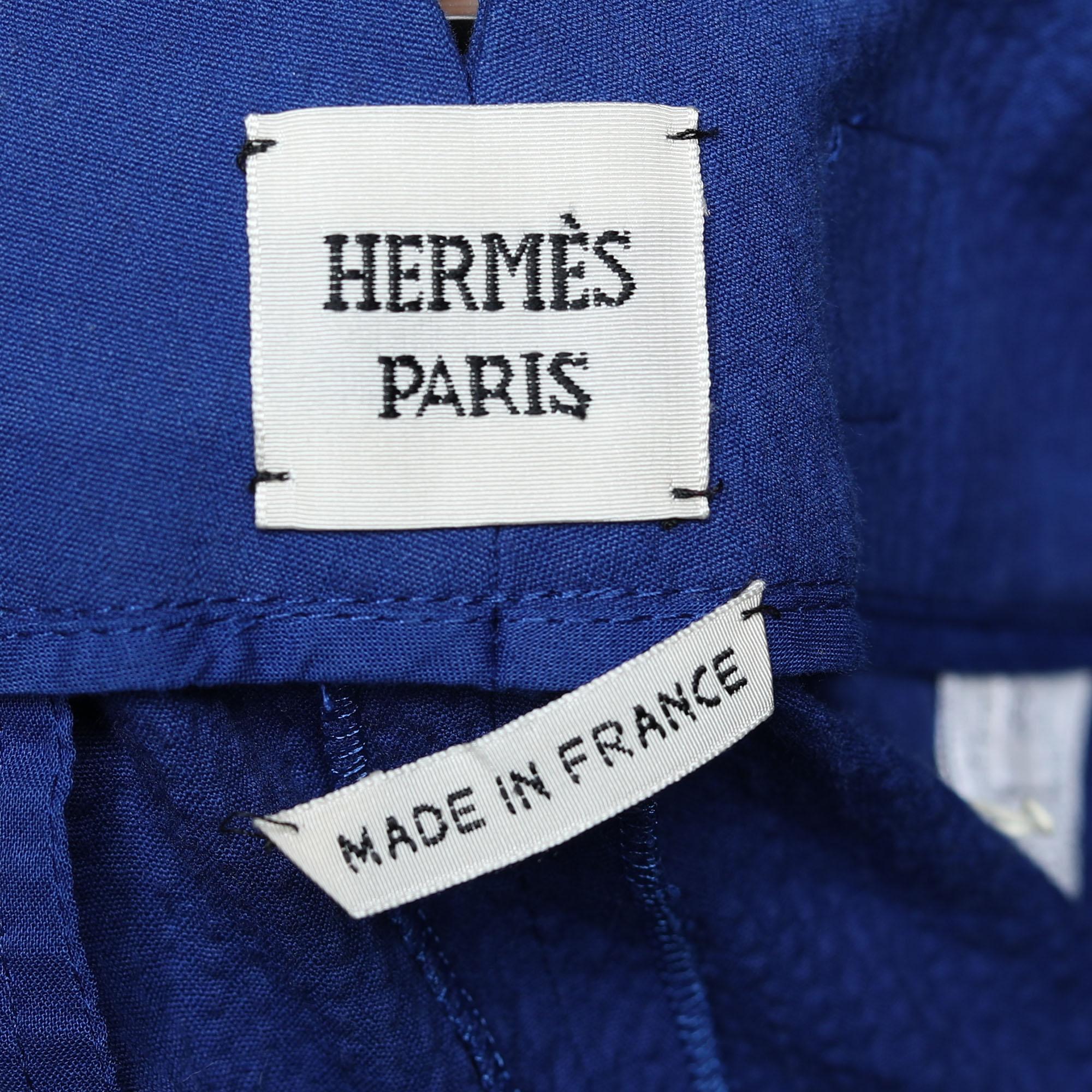 Hermes Blue Cotton Pleat Detailed Shorts M In Good Condition In Dubai, Al Qouz 2