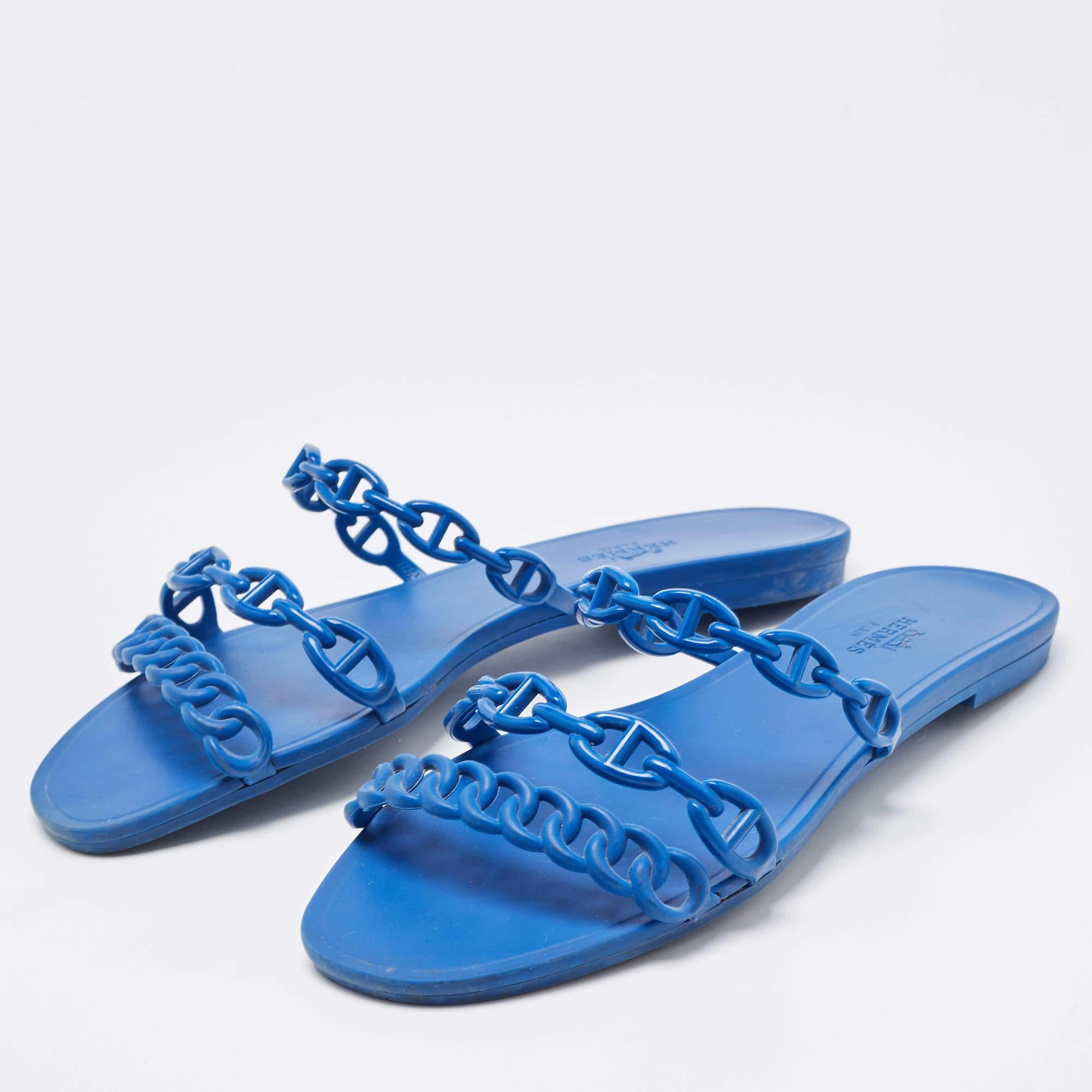 Hermes Blue D'ancre Chaine Rivage Flat Slides Size 38 In Good Condition In Dubai, Al Qouz 2