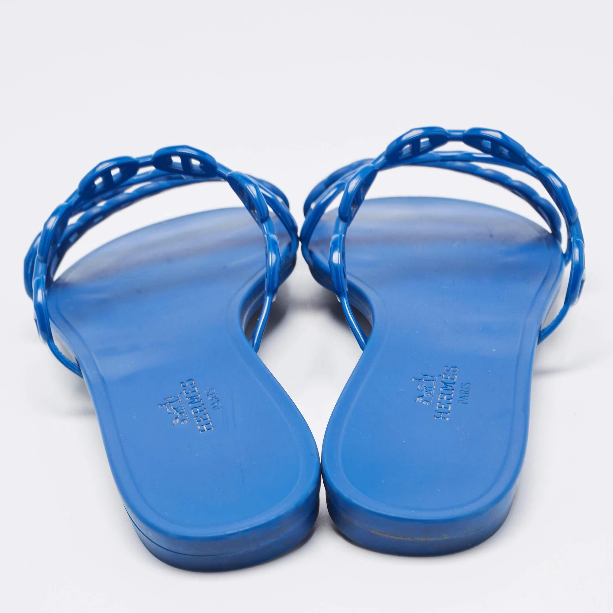 Women's Hermes Blue D'ancre Chaine Rivage Flat Slides Size 38