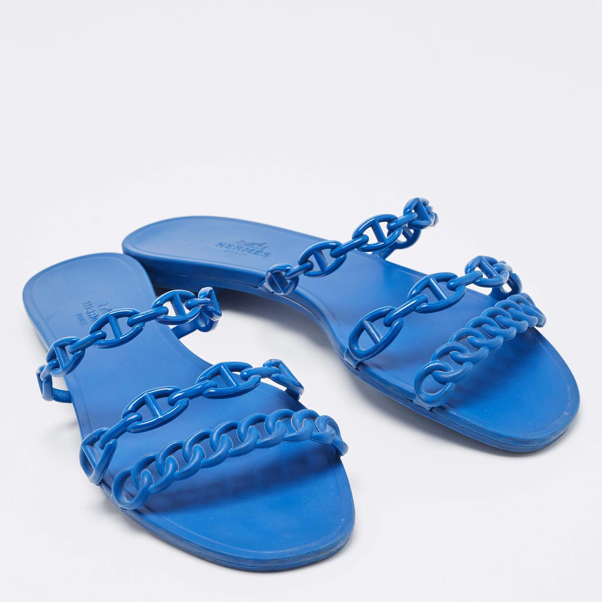 Hermes Bleu D'ancre Chaine Rivage Slides plates Taille 38 1