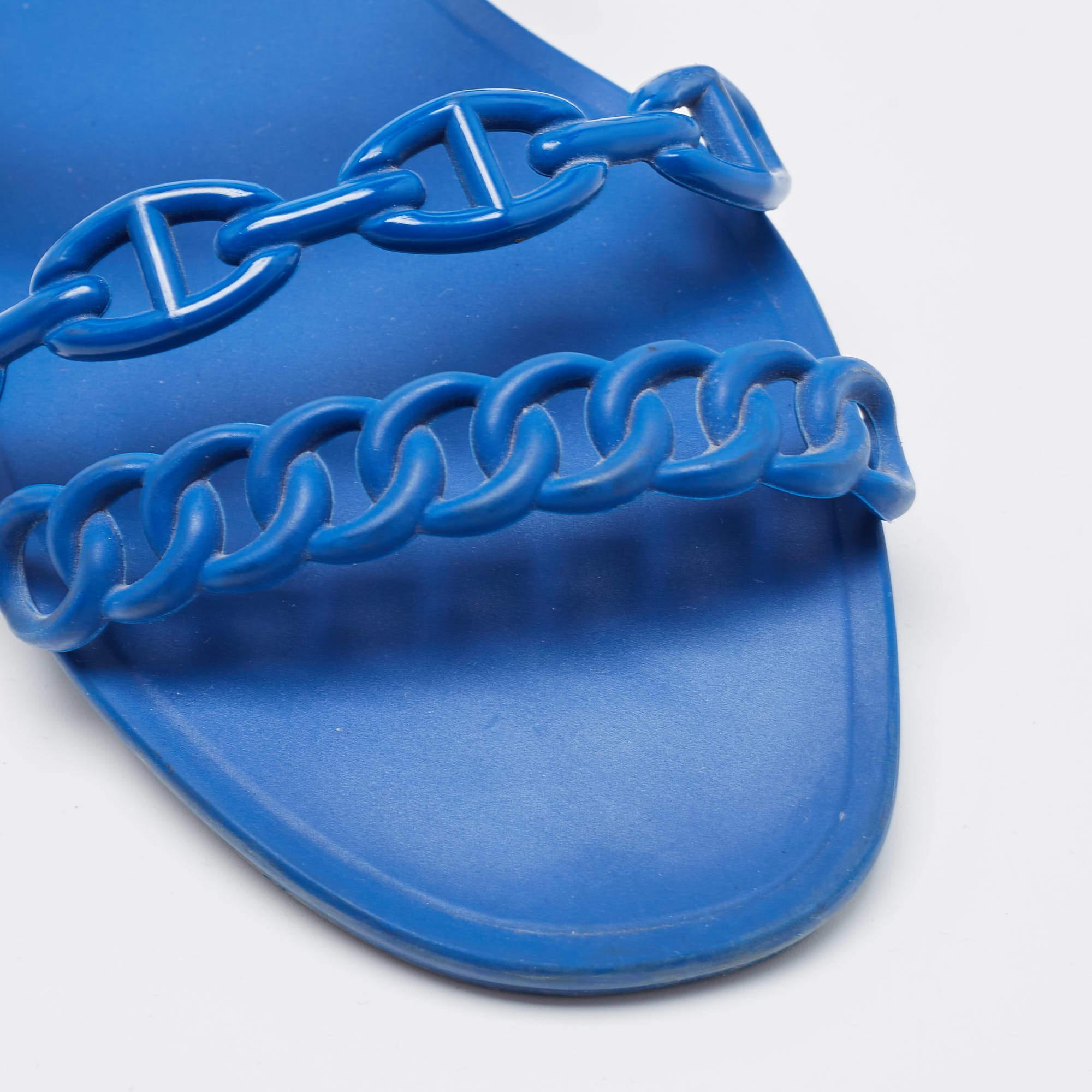 Hermes Blue D'ancre Chaine Rivage Flat Slides Size 38 3