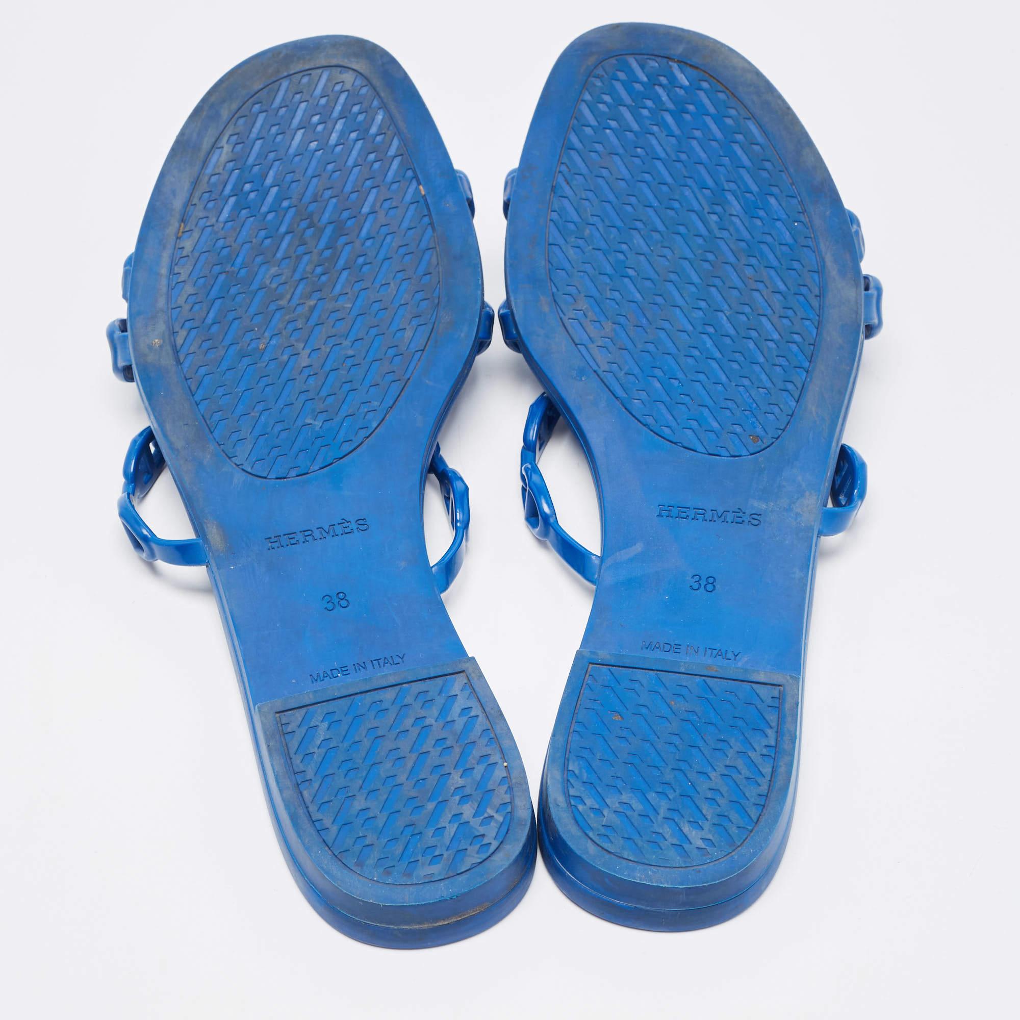 Hermes Blue D'ancre Chaine Rivage Flat Slides Size 38 4