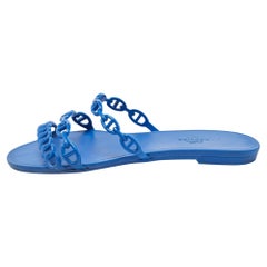Hermes Blue D'ancre Chaine Rivage Flat Slides Size 38