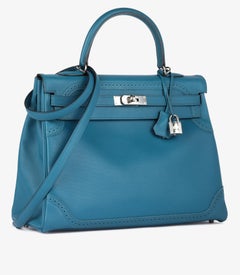 Hermès Blue de Galice Swift & Grain d'H Leather Ghillies Kelly 35cm Retourne