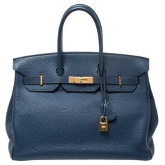 Hermes Sac Birkin 35 en cuir togolais bleu de Malte et quincaillerie dorée