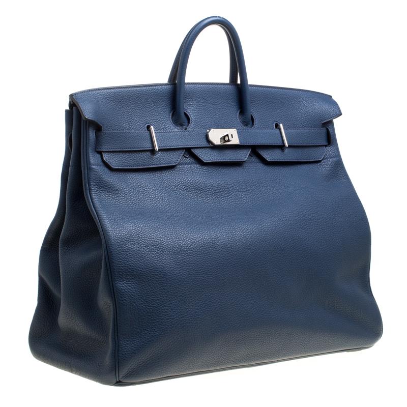Women's Hermes Blue De Presse Clemence Leather Palladium Hardware HAC Birkin 50 Bag