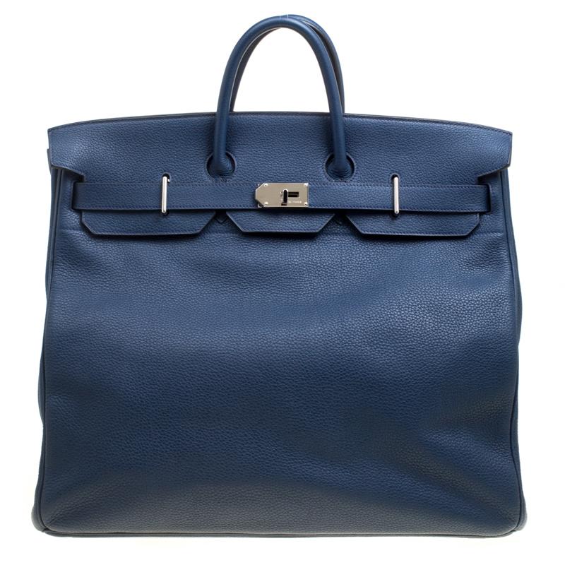Hermes Blue De Presse Clemence Leather Palladium Hardware HAC Birkin 50 Bag