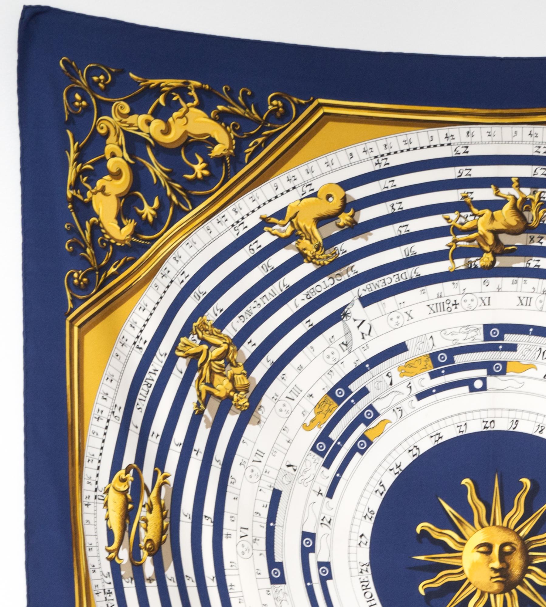 Hermes silk scarf blue “Dies et Hore” by F. Faconnet featuring a sun, moon Renaissance scene and a top logo signature.  
Circa 1988s 
In good vintage condition. Made in France.
First issue: 1962s
35,4in. (90cm)  X 35,4in. (90cm)
We guarantee you