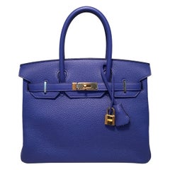 Hermes Blue Electric Clemence Leather 30cm Birkin Bag GHW