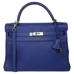Hermes Blue Electric Togo Leather 32cm Kelly Bag with Palladium Leather