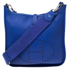 Used Hermes Blue Electric Togo Leather Evelyne III PM Bag