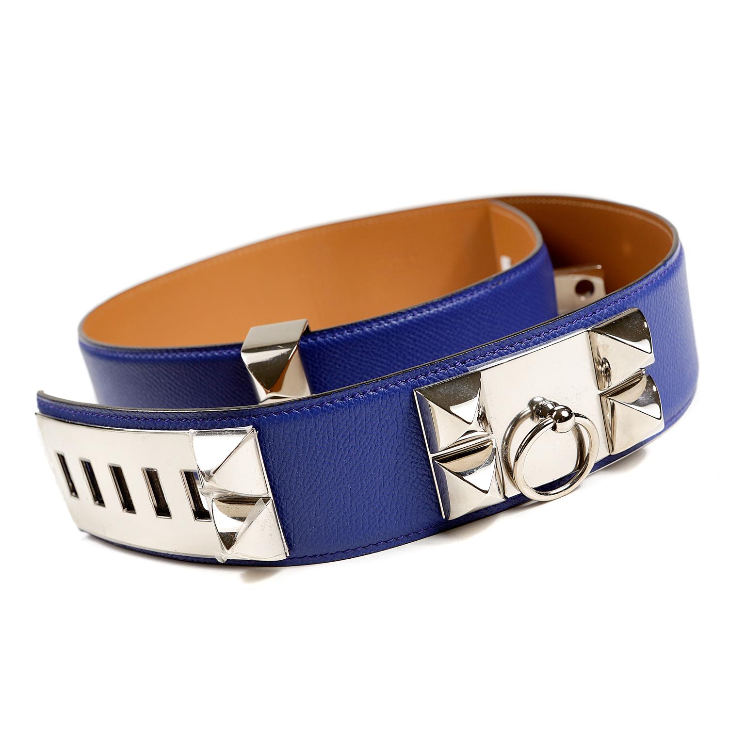 Beige Hermès Blue Electrique Epsom Leather Medor Belt size 80 For Sale